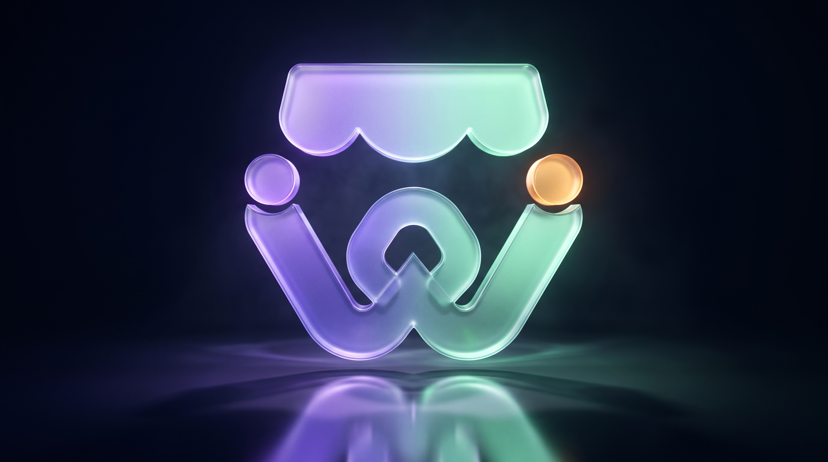 The Weello logo as a glowing glass emblem